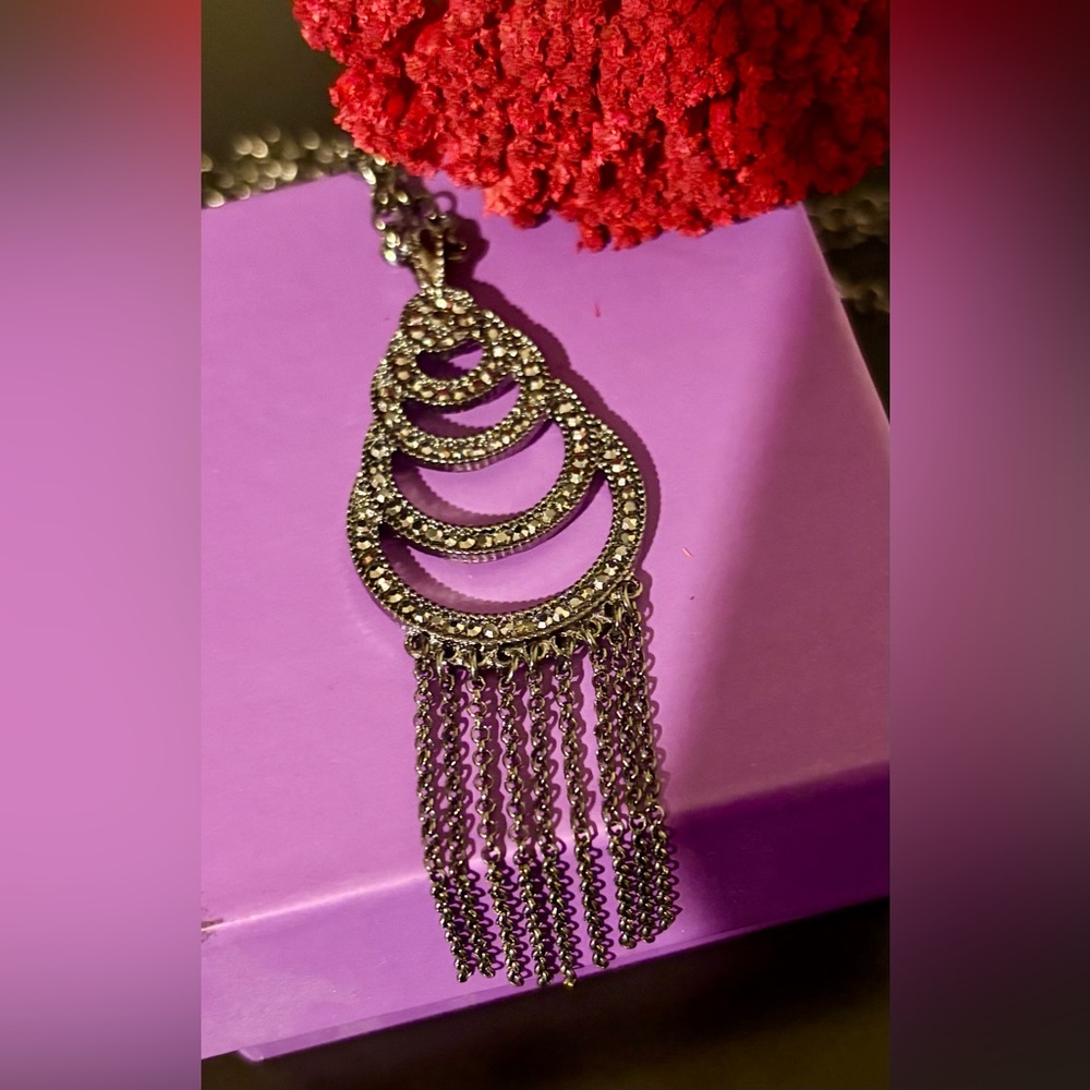 Liz Claiborne Gunmetal Gray Crystal Fringe Statement Necklace